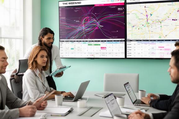 Concert promotion team at North Fort Myers office reviewing tour schedules on large display screens with venue maps visible