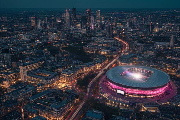 Aerial view of London cityscape at dusk with concert venue lights visible, representing music trip planning to England